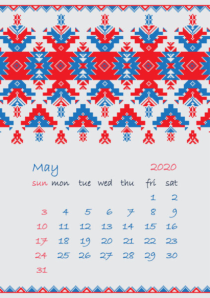 2020 Page of Calendar planner with ethnic cross-stitch ornament Week starts on Sunday May month Collection of Balto-Slavic ornaments