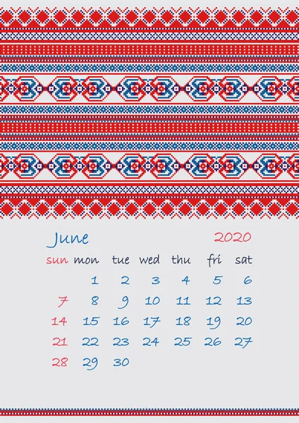 2020 Página del planificador del calendario con adornos étnicos de punto de cruz La semana comienza el domingo mes de junio Colección de adornos Balto-eslavos — Vector de stock