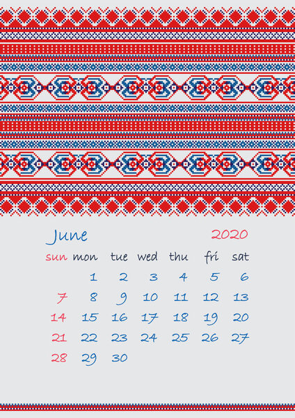 2020 Page of Calendar planner with ethnic cross-stitch ornament Week starts on Sunday June month Collection of Balto-Slavic ornaments