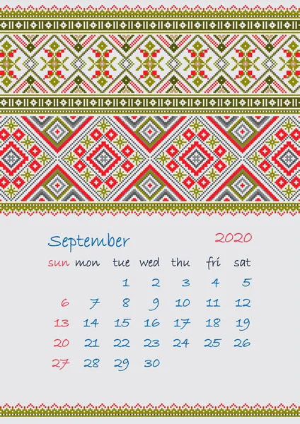 2020 Page of Calendar planner with ethnic cross-stitch ornament Week starts on Sunday September month Collection of Balto-Slavic ornaments — Stock Vector