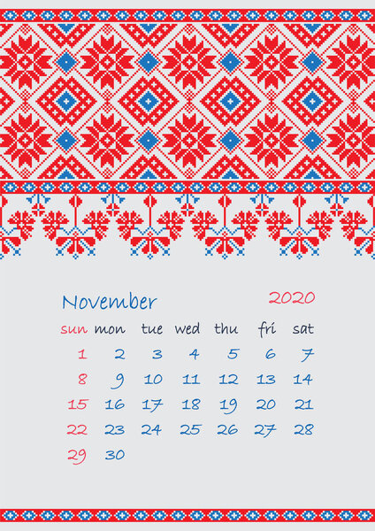 2020 Page of Calendar planner with ethnic cross-stitch ornament Week starts on Sunday November month Collection of Balto-Slavic ornaments