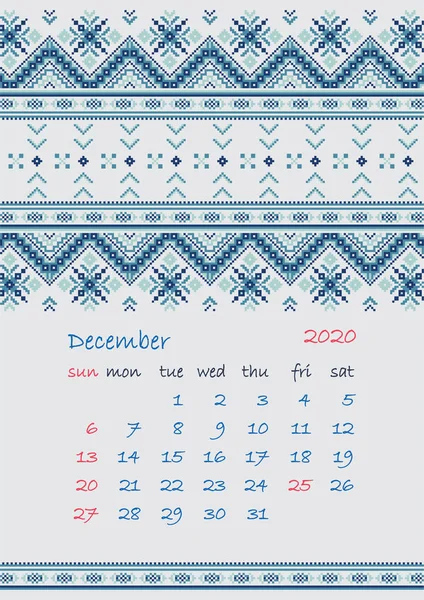 2020 Página del planificador del calendario con adornos étnicos de punto de cruz La semana comienza el domingo mes de diciembre Colección de adornos Balto-eslavos — Vector de stock