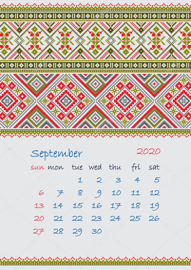 2020 Page of Calendar planner with ethnic cross-stitch ornament Week starts on Sunday September month Collection of Balto-Slavic ornaments