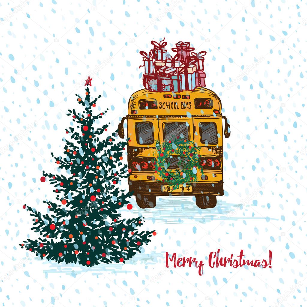 Festive Christmas card. Yellow school bus with fir tree decorated red balls and gifts on roof. White snowy seamless background and text Merry Christmas.