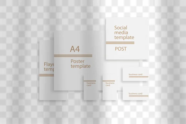 Mockup per il marchio commerciale di cancelleria in stile realismo con sovrapposizione trasparente dell'effetto luce ombra. Griglia a maglie. Presenta la tua carta di design, poster, storie — Vettoriale Stock