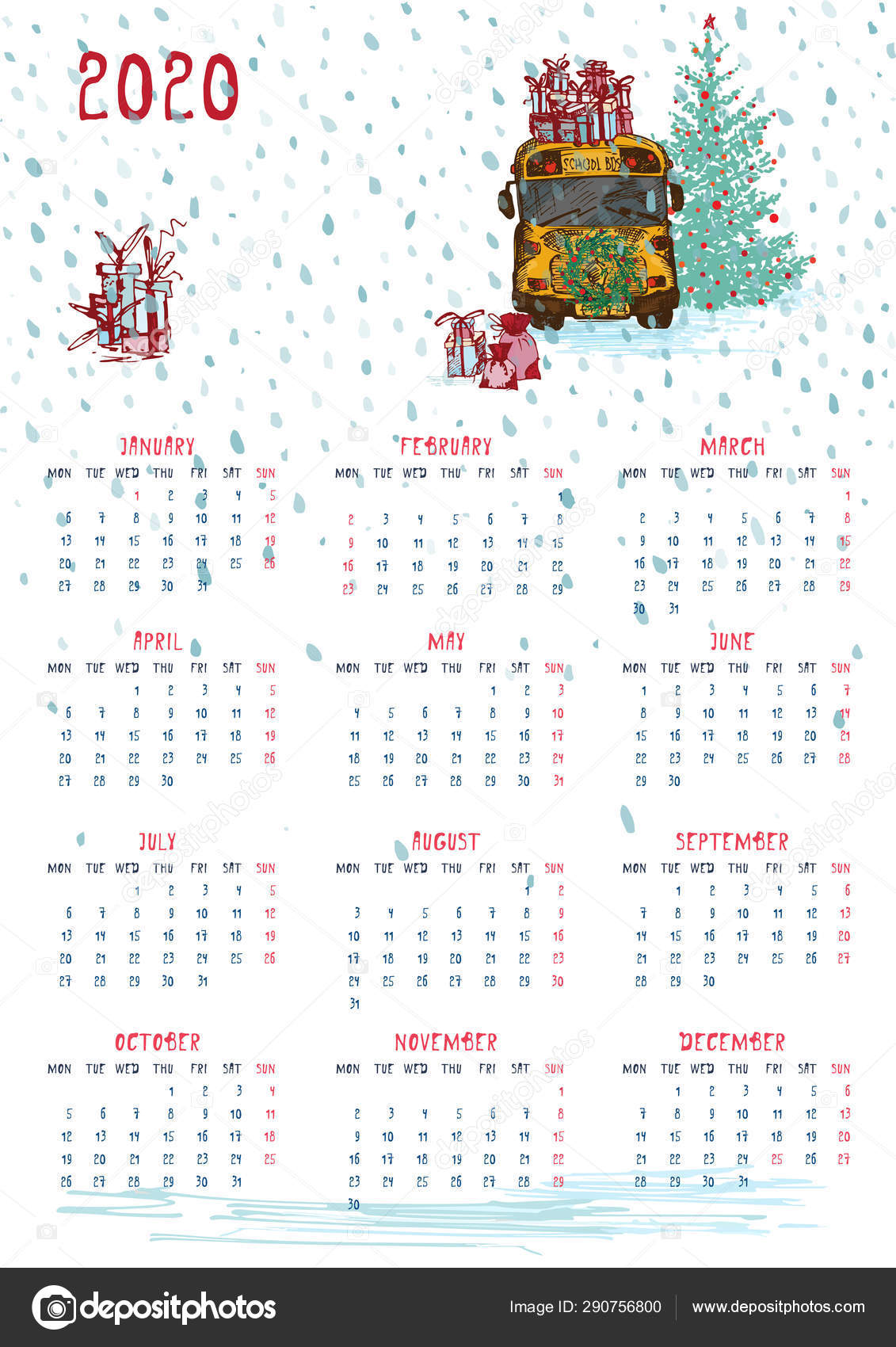 2020 Calendar Planner With Yellow School Bus New Year Tree
