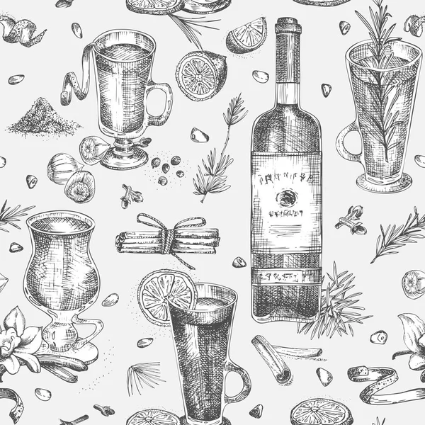 无缝图案与手绘圣诞冬季香料，传统热冬季饮料和酒瓶的玻璃杯。模板菜单、食谱、贺卡的创意 — 图库矢量图片
