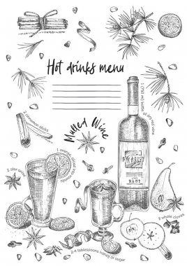 Vintage el çizilmiş kroki tasarım bar, restoran, beyaz arka plan üzerinde kafe menüsü. Grafik vektör sanatı. El ilanı, afiş, poster için Mulled şarap Yaratıcı şablon