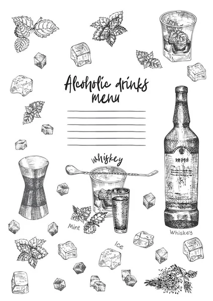 Vintage hand getrokken schets Design Bar, Restaurant, café menu op witte achtergrond. Grafische Vector Art. Whisky met ijs en Mint creatieve sjabloon voor flyer, banner, poster, brochure. — Stockvector