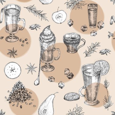 Dikişsiz desen Vintage el çizilmiş kroki tasarım çubuğu, restoran, kafe menü arka plan çizilmiş. Grafik vektör sanatı. El ilanı, afiş, afiş, broşür için İrlandalı kahve Yaratıcı şablon.