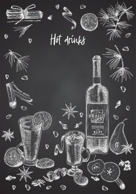 Vintage el çizilmiş kroki tasarım bar, restoran, siyah tebeşir kurulu arka plan üzerinde kafe menüsü. Metin Grafik vektör resminiz için yerleştirin. Mulled şarap