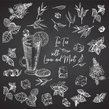 Vintage el çizilmiş kroki tasarım bar, restoran, siyah tebeşir kurulu arka plan üzerinde kafe menüsü. Metniniz için yerleştirin. Grafik vektör sanatı. Buz, limon ve nane ile soğuk çay
