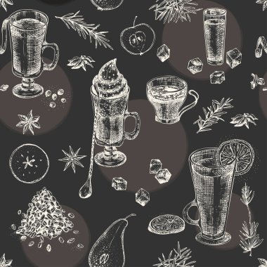 Vintage el çizilmiş kroki tasarım bar, restoran, siyah tebeşir kurulu arka plan üzerinde kafe menüsü. Dikişsiz desen Grafik vektör sanatı. El ilanı, afiş, poster için İrlandalı kahve Yaratıcı şablon
