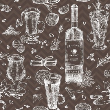 Elle çizilmiş Noel kış baharatları, geleneksel sıcak kış içecekleri ve şarap şişesi bardak ile dikişsiz desen. Şablonlar menüsü, yemek tarifleri için iyi bir fikir. Tebeşir tahtası tarzı sanat illüstrasyon