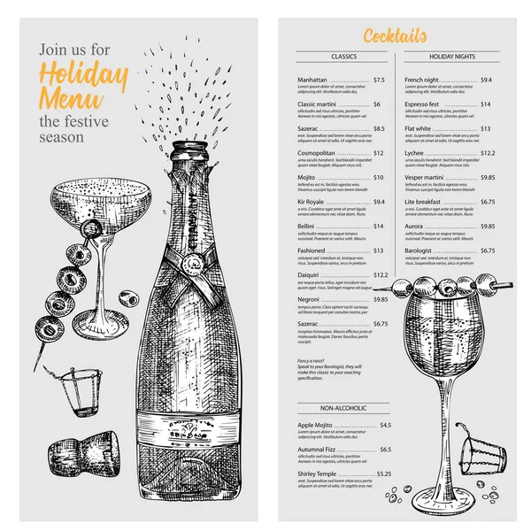 Cocktail bar menu ontwerpsjabloon instellen in retro stijl geïsoleerd op grijze achtergrond. Hand getrokken glas en fles Champagne. Vintage wijnkaart. Alcohol drank symbool. — Stockvector