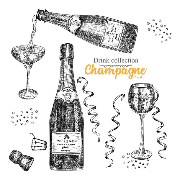 Set hand drawn sketch bottle and glasses champagne, Vintage design bar, restaurant, cafe menu on white background. Graphic vector art Creative template for flyer, banner, poster