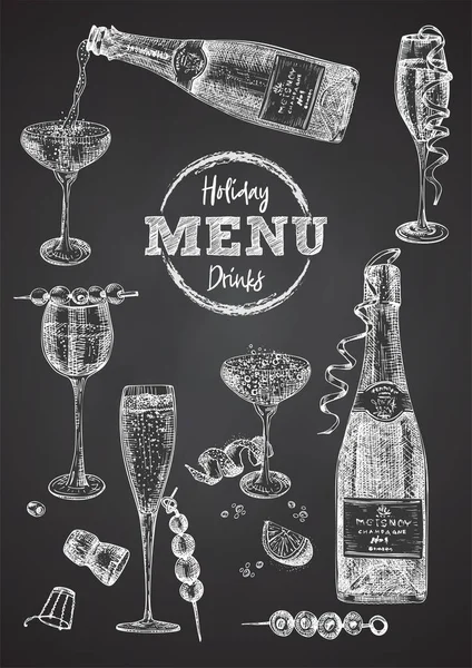 Cocktail bar menu design template set in retro style Isolated on on black chalckboard background. Hand drawn glass and bottle champagne. Vintage wine card. Alcohol beverage symbol. — Stock Vector