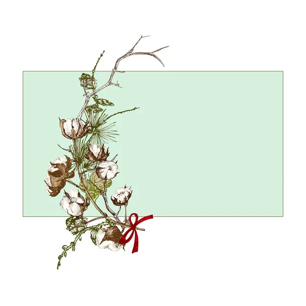 Handgetekende botanische schets bloemenslinger met kerstplanten takken. Vintage graveerstijl. Traditionele vakantie decoratie. Voor design feestelijke kaart, uitnodiging, poster, banner. — Stockvector