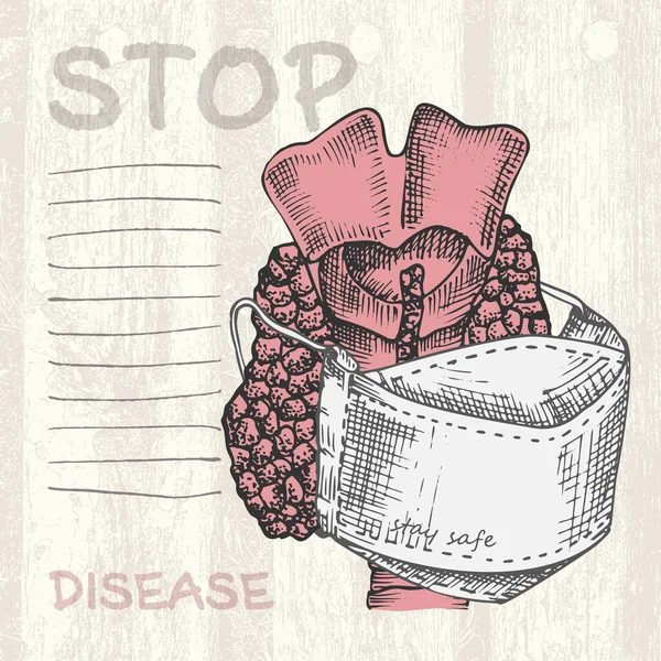 Kézzel rajzolt pajzsmirigy orvosi maszkkal Napló oldal Emberi belső szervek Gravírozás vázlat stílus Tervezés orvosi projekt plakát Patológiai betegség, kezelés — Stock Vector
