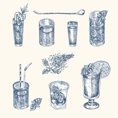 Alkolik içki, votka, viski, şarap, Vintage tasarım barı, restoran, beyaz arka planda kafe menüsü için el çizimi bardakları ayarlayın. Broşür, afiş, poster kabartma biçimi vektörü için yaratıcı şablon