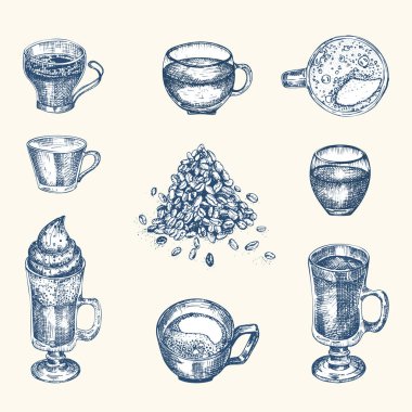 Kahve içmek için el yapımı eskiz şişesi ve bardakları ayarlayın. Klasik tasarım barı, restoran, beyaz arka planda kafe menüsü. Broşür, afiş, poster kabartma biçimi Grafik vektörü için yaratıcı şablon