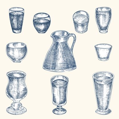 Alkolik içki, votka, viski, şarap, Vintage tasarım barı, restoran, beyaz arka planda kafe menüsü için el çizimi bardakları ayarlayın. Broşür, afiş, poster kabartma biçimi vektörü için yaratıcı şablon