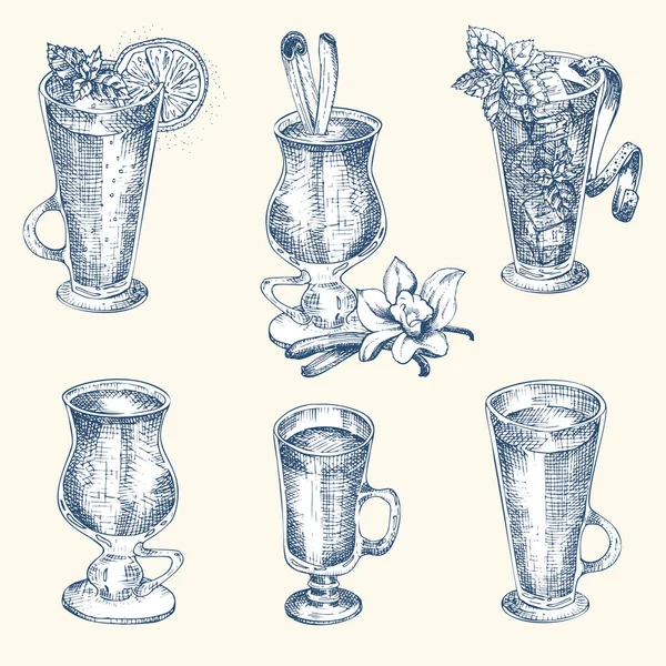 Set de copas dibujadas a mano para bebida alcohólica navideña. Vino caliente Bar de diseño vintage, restaurante, menú de cafetería, fondo blanco Plantilla creativa para folleto, pancarta, póster Estilo grabado vector — Archivo Imágenes Vectoriales