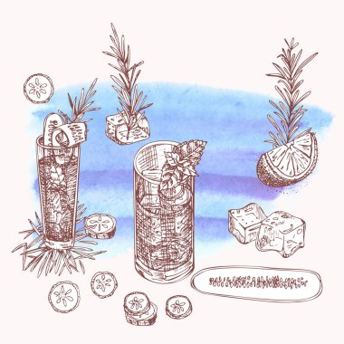 Alkolik kokteyl içeceği El, suluboya arka plan üzerine eskiz sanatı çizdi. Votka, viski, şarap. Bar, restoran, kafe menüsü, broşür, afiş, poster stili illüstrasyon.