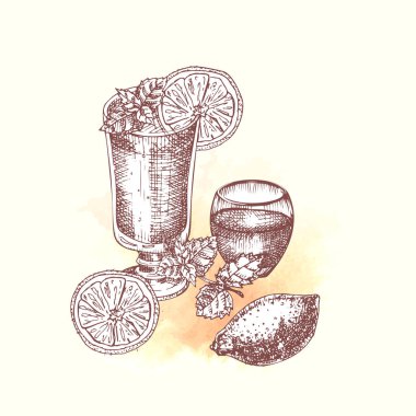 Alkolik kokteyl içeceği El, suluboya arka plan üzerine eskiz sanatı çizdi. Votka, viski, şarap. Bar, restoran, kafe menüsü, broşür, afiş, poster stili illüstrasyon.