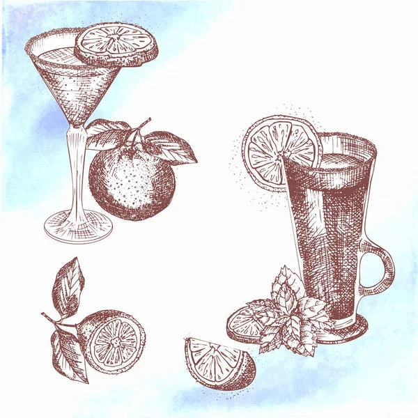 Alcolisti Cocktail Drink Disegno Disegnato Mano Arte Sfondo Acquerello Vodka — Vettoriale Stock