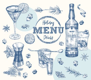 Şişeleri ayarla. Viski, votka, kokteyl, biberiye, nane aromalı, buz, şeker el yapımı eskiz tasarım barı, restoran, kafe menüsü, broşür, afiş, poster gerçekçi gravür stili.