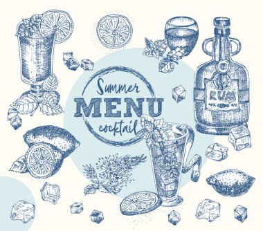 Şişeleri ayarla Rom, bardaklar, burbon, nane, ıhlamur, limon, buzlu vintage el çizimi tasarım barı, restoran, kafe menüsü Broşür, afiş, poster grafik vektör sanatı için gerçekçi oyma biçimi