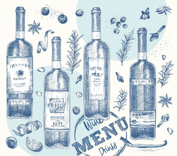 Set Bouteilles Vin Rouge Blanc Épices Noël Vintage Dessiné Main — Image vectorielle
