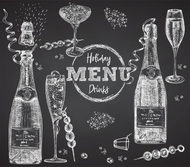 Şişe, şampanya, şarap, şarap kadehi, siyah tebeşir tahtası arkaplan üzerine kokteyl eskiz tasarım barı, restoran, kafe menüsü, broşür, afiş, poster kabartma stili