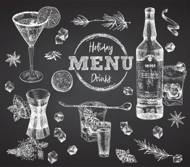 Şişe seti: Viski, votka, kokteyl, biberiye, nane aromalı limon, buz, siyah tebeşir tahtası zemininde şeker, el yapımı eskiz tasarım barı, restoran, kafe menüsü, broşür, afiş, poster