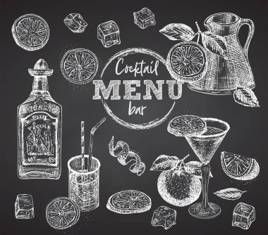 Şişe tekilayı, kokteyl bardaklarını, portakalı, buzu, siyah tebeşirle kaplanmış narenciyeyi eskiz tasarım barını, restoranı, kafe menüsünü, broşürü, afişi, poster kabartma stilini ayarlayın.