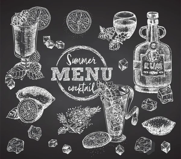 Set bottles Rum, glasses, bourbon, mint, lime, limon, ice on black chalk board background Vintage hand drawn sketch design bar, restaurant, cafe menu, flyer, banner, poster engraving style Graphic art — Stock Vector