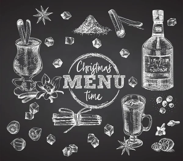 Σετ μπουκάλια Bourbon, ποτήρια, eggnog christmas spice σε μαύρο φόντο πίνακα κιμωλία Vintage χέρι σχέδιο μπαρ, εστιατόριο, καφέ μενού, φυλλάδιο, πανό, αφίσα χαρακτικής στυλ Γραφική τέχνη — Διανυσματικό Αρχείο
