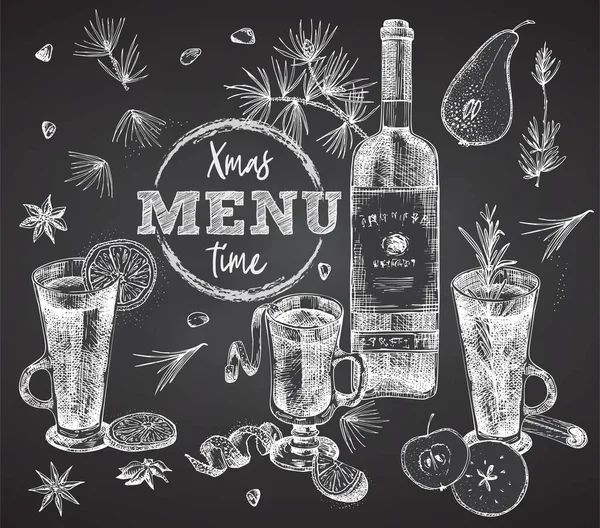 Şişeleri kırmızı ya da beyaz şarap ve Noel baharatlarını siyah tebeşir tahtası arka planına koyun. Eskiz çizimi el çizimi bar, restoran, kafe menüsü, broşür, afiş, poster gravür stili Grafik sanatı