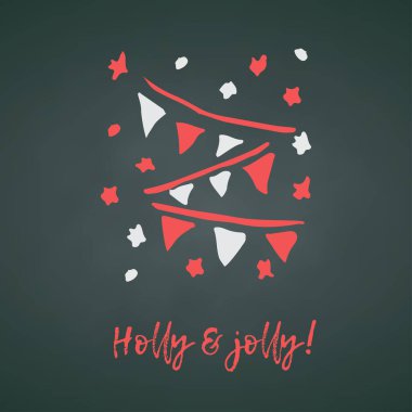 Tatil simgesi bayrağı ve kaligrafi tebrik yazısıyla el çizimi Noel ve Yeni Yıl kartı. Yeşil karatahta arka plan Vintage biçimi, mürekkep fırçası çizimi.