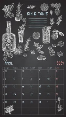 2021 sayfalık eski duvar takvimi planlayıcısı. Nisan ayı. Hafta pazartesi başlıyor. Alkol barı teması. Cin tonik kokteylleri Retro poster yeri. Tarif çizimi çizim stili illüstrasyon için.