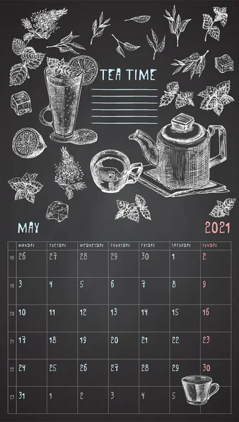 2021 Page of wall vintage calendar planner. May month. Week starts on Monday. Alcohol bar theme. Tea time cocktails Retro poster Place to write recipe Sketch engraving style illustration — Stock Vector