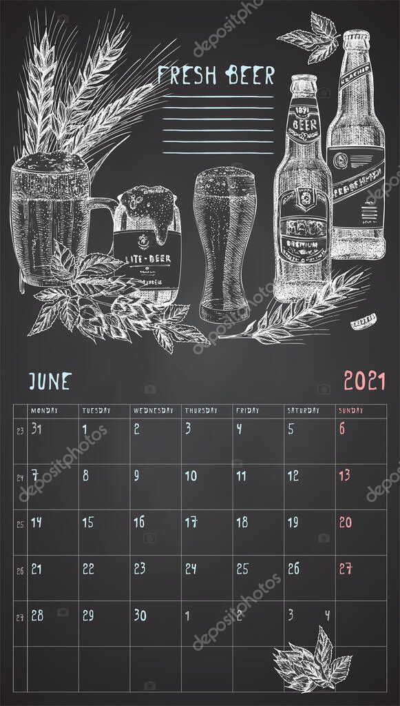 2021 Página de planificador de calendario vintage de pared. Junio mes