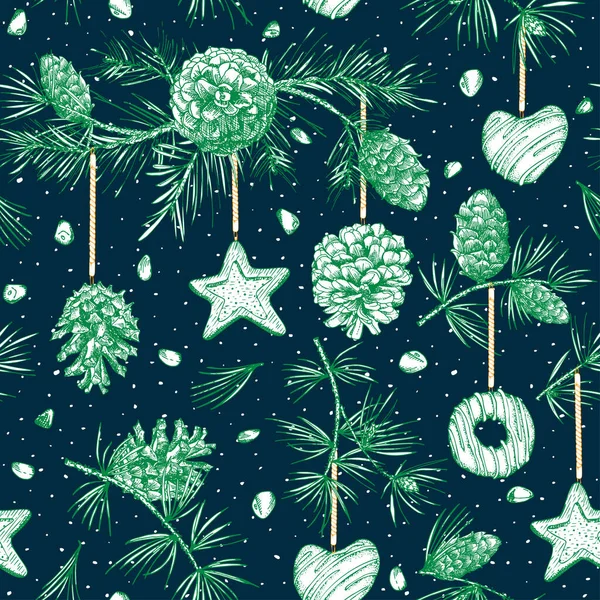 Kerst naadloos patroon Realistische Botanische inkt schets van kleurrijke sparren boombloemenslinger met dennenappel en xmas peperkoek cookies Voor het ontwerp flayer, menu, vakantie webbanner — Stockvector