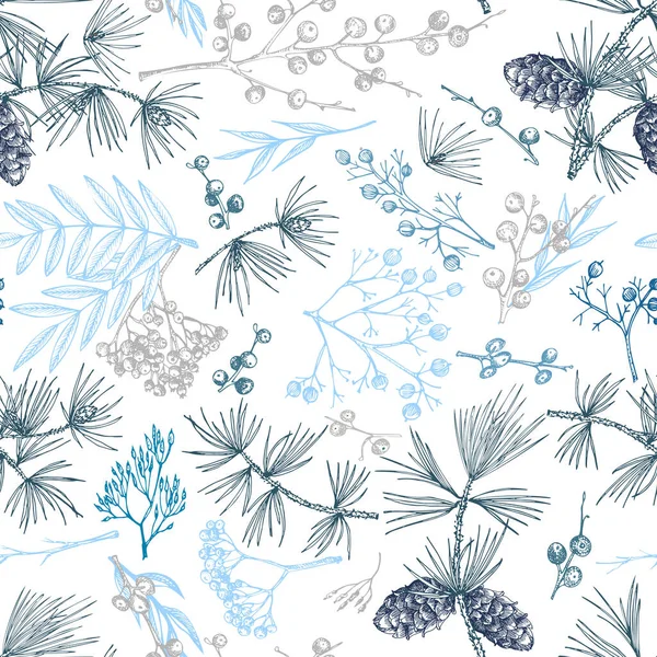 Χειμώνας Χριστούγεννα απρόσκοπτη μοτίβο με κλαδιά, μούρα, και τα φύλλα των φυτών που απομονώνονται σε λευκό φόντο. Χειροποίητο vintage σκίτσο βοτανική απεικόνιση Χαρακτική στυλ Επίπεδο διάνυσμα χρώματος — Διανυσματικό Αρχείο