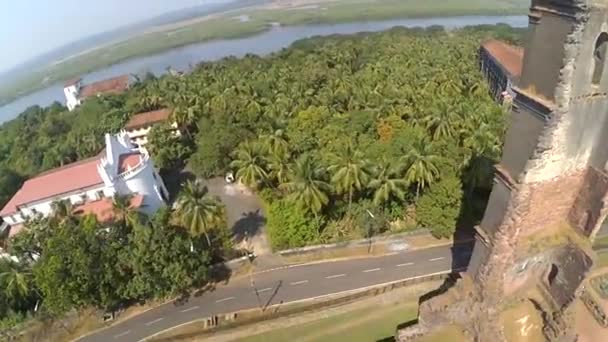 India Ruins Old Goa Fort Goa State India Aerial — Stock Video