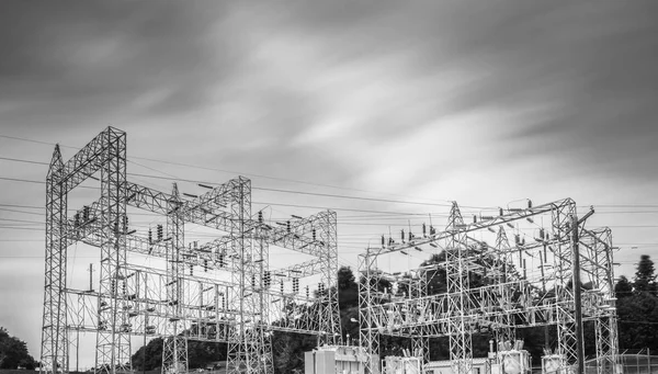 Electrical Substation Long Exposure Blurred Clouds Black White Image — Stock Photo, Image