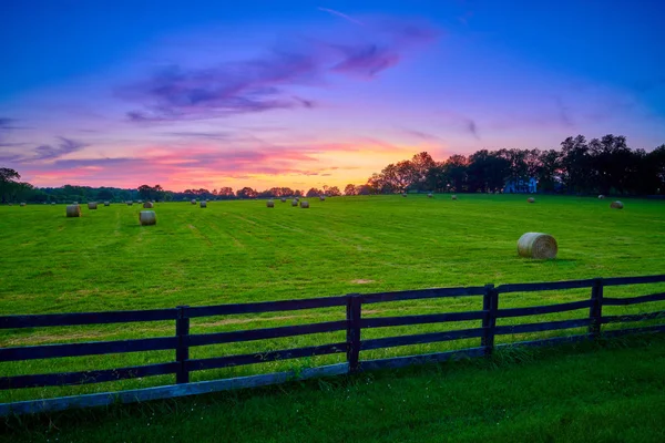 Runda hö BAILS i ett fält med staket — Stockfoto