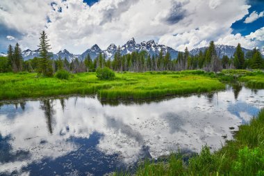 Grand Teton Ulusal Parkı 'nda Büyük Teton Dağları olan Yılan Nehri.