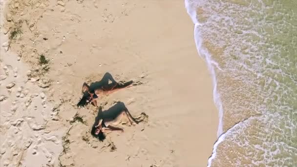 Luftaufnahme Von Zwei Frauen Die Sich Strand Entspannen — Stockvideo